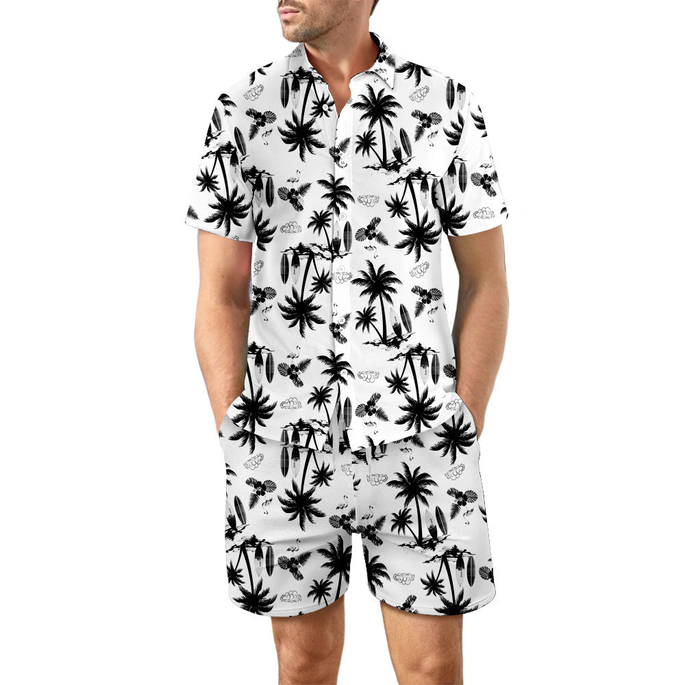 2Pcs Loose Lapel Printed Beach Summer Suit