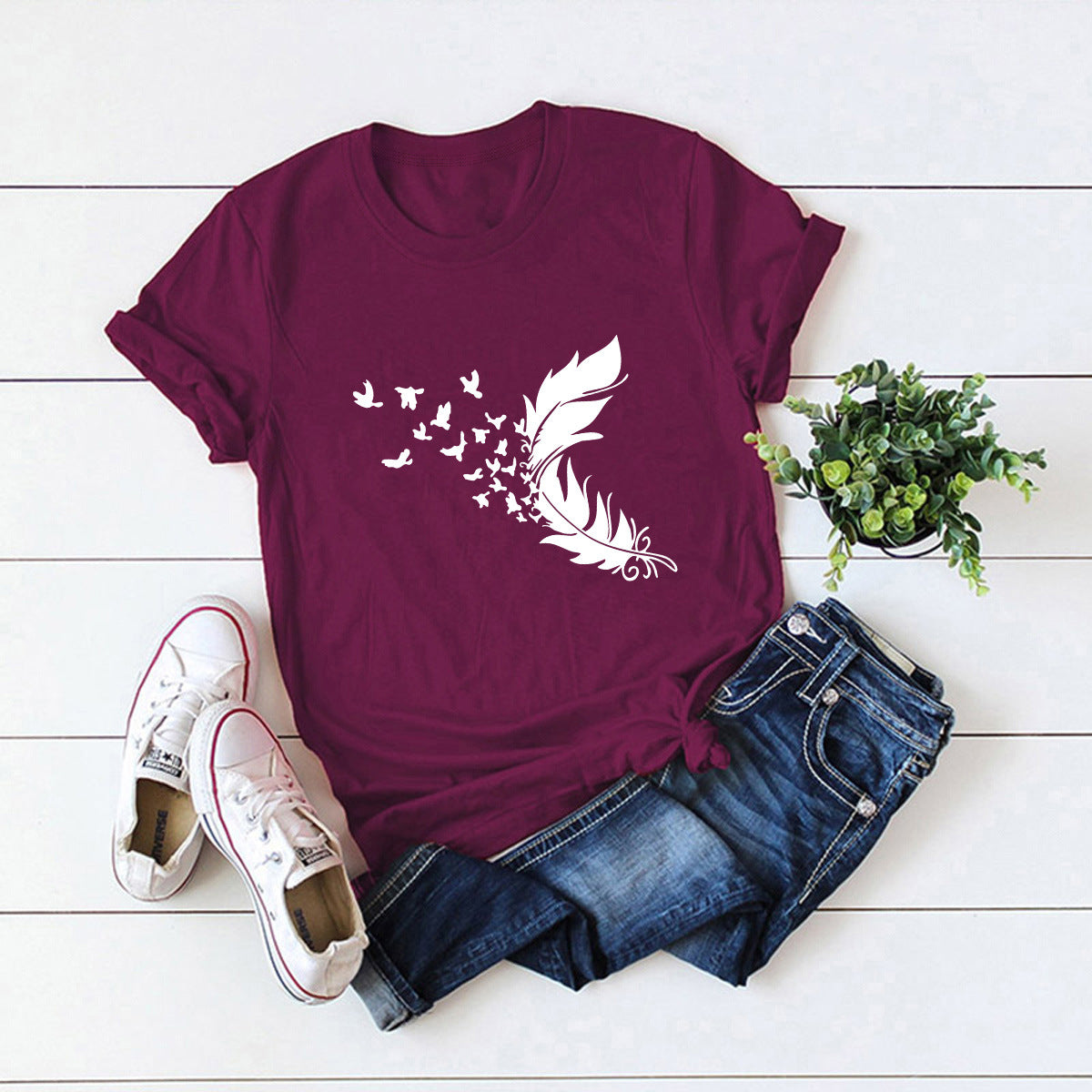 Summer Plus Size Women New Feather Print T-Shirt