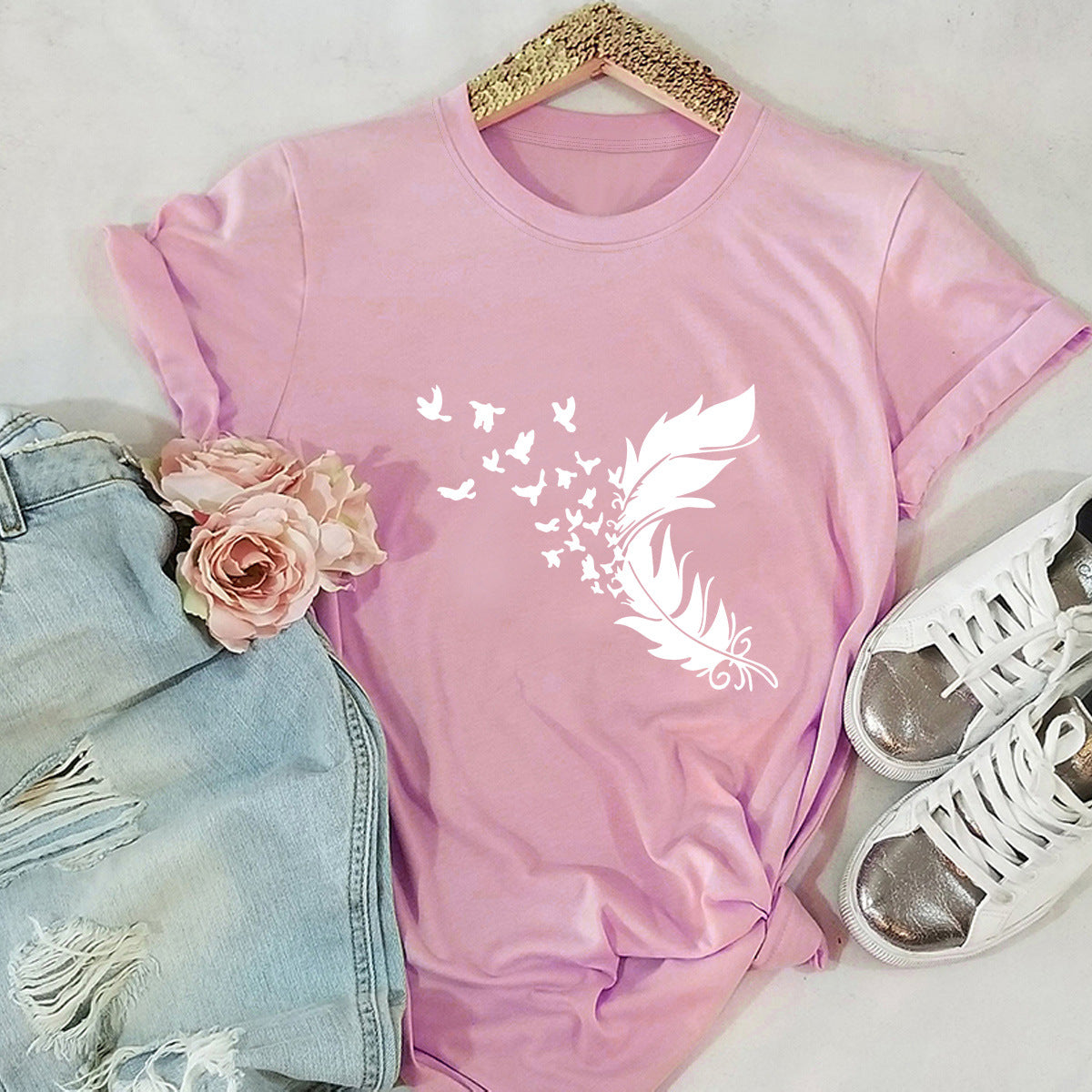 Summer Plus Size Women New Feather Print T-Shirt