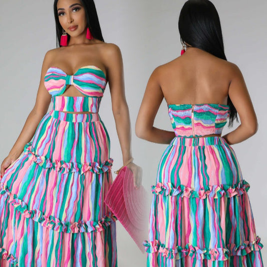 Striped Printed Women's Long Skirt Two-piece Set