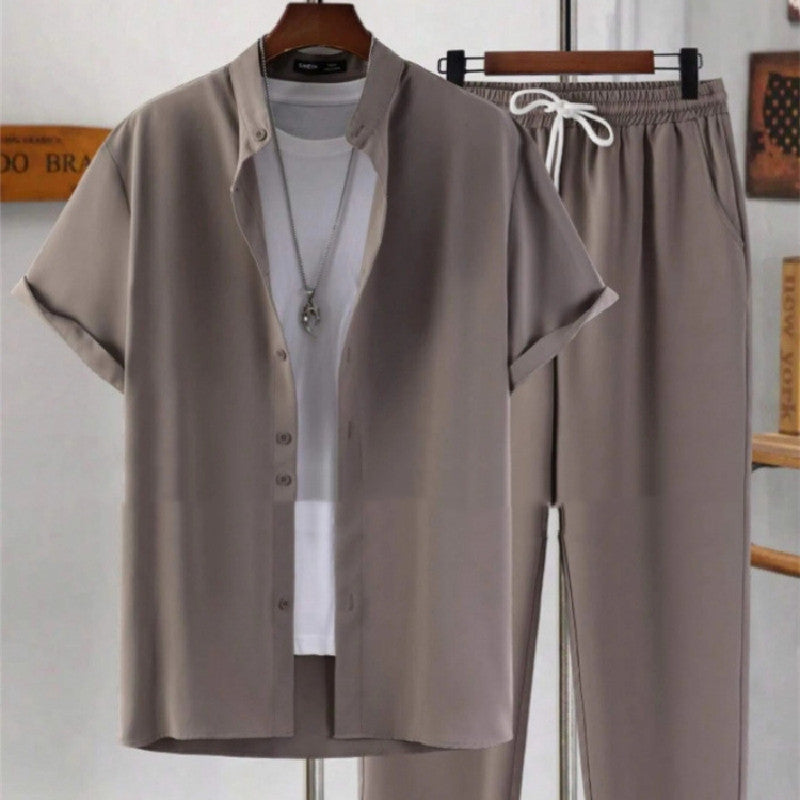 Men's Short Sleeve Cardigan Stand Collar Shirt Pants Suit