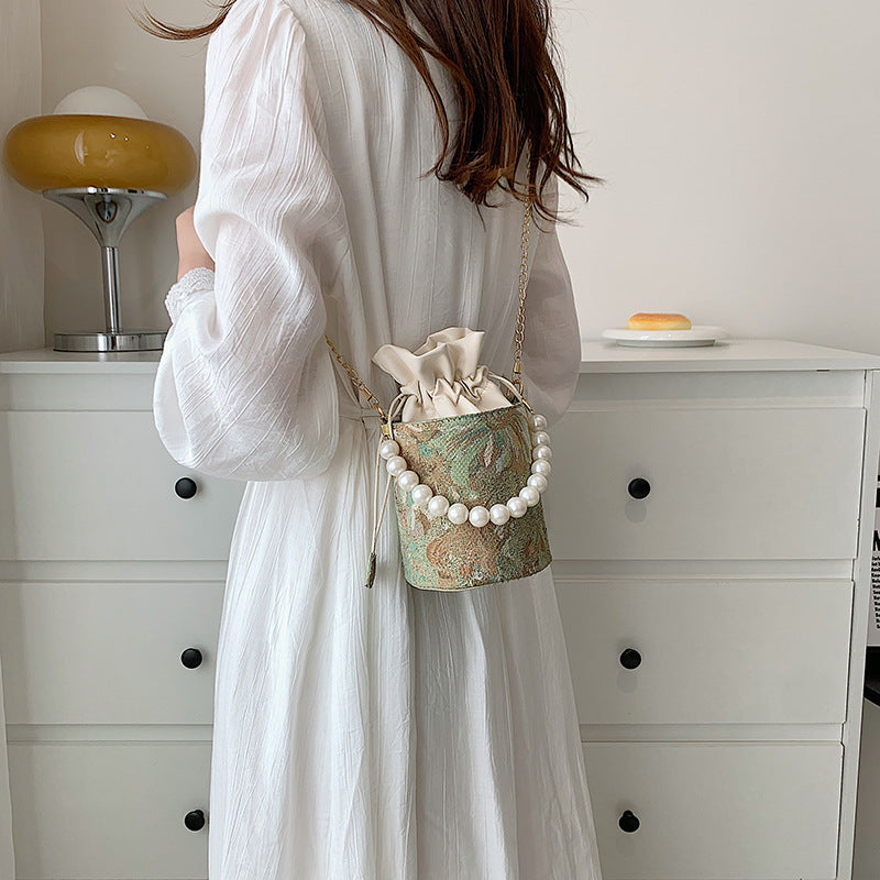 Chinese Style Pearl Chain Bucket Bag