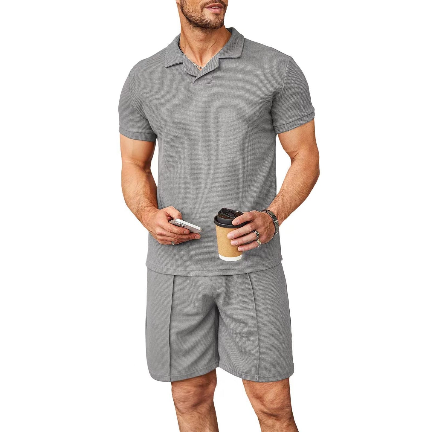 2pcs Suit - Men V Neck Polo Short Sleeve Shirt and Shorts