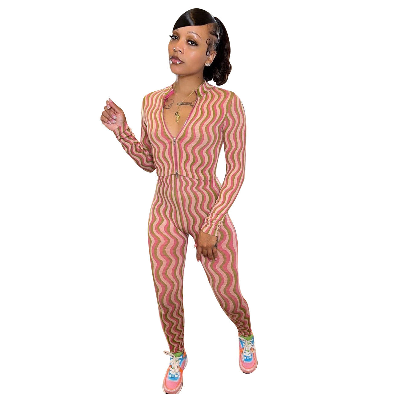 V-neck Long Sleeve Printed Body-hugging Suit