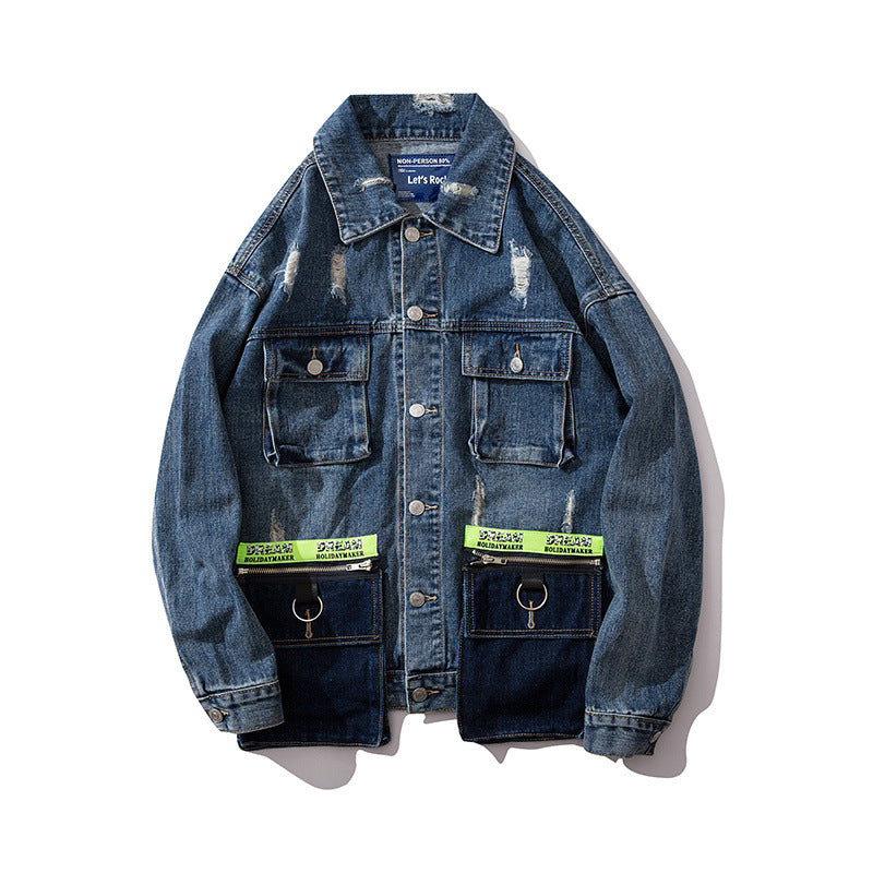 Loose denim overalls jacket three-dimensional pocket