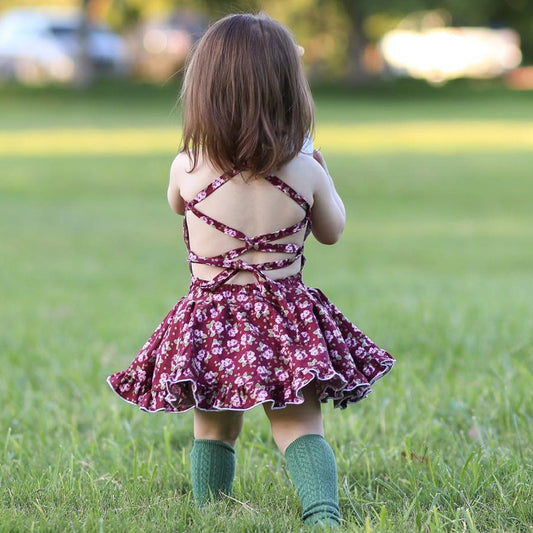 Girls Retro Style Floral Strapless Halter Dress