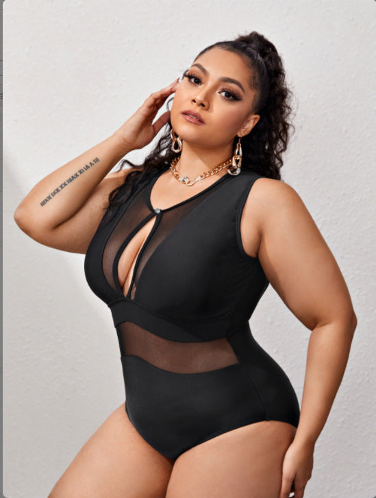 Plus Size Solid Color Stitching One-piece Bikini Swimsuit