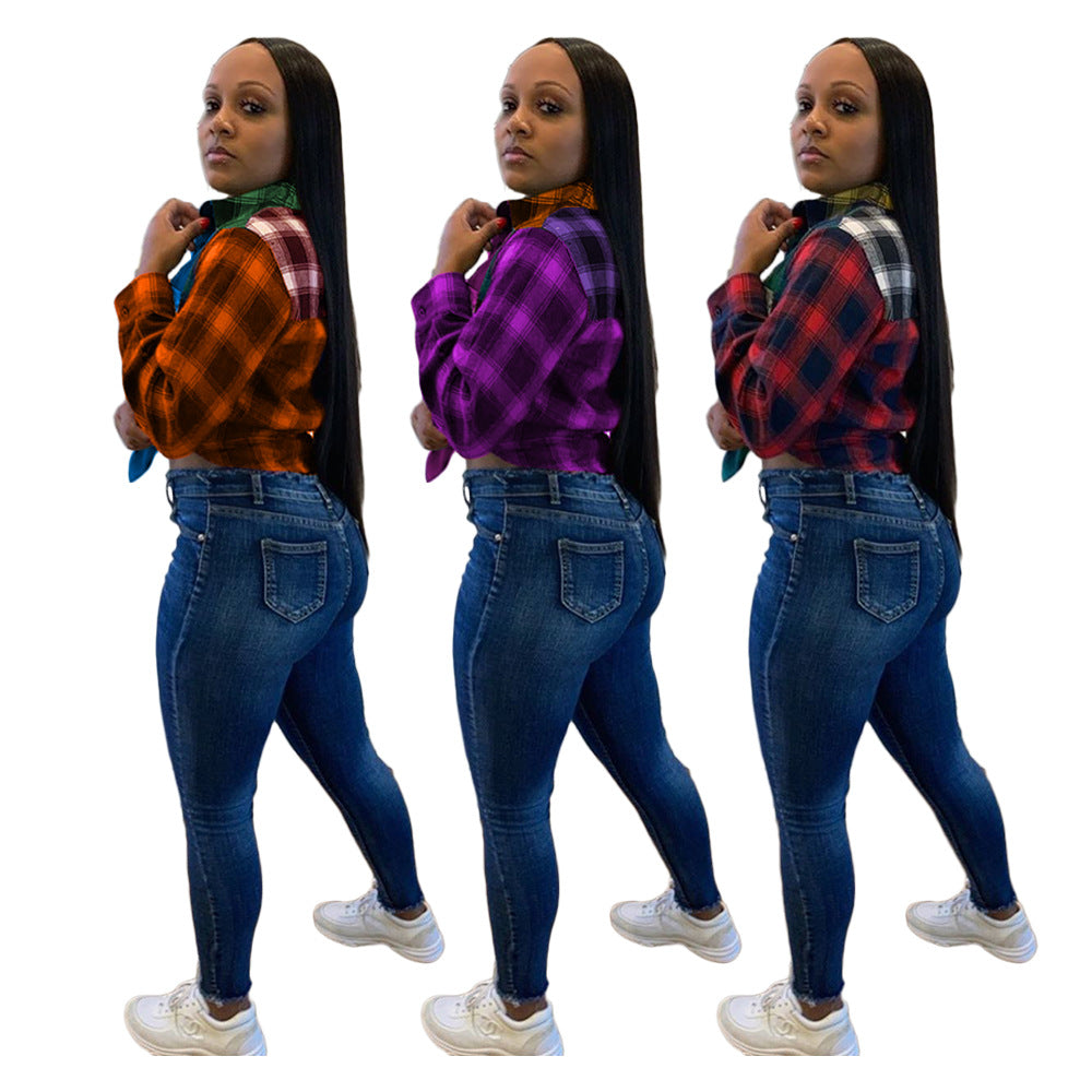 Plaid stitching long sleeve plus size women's clothing