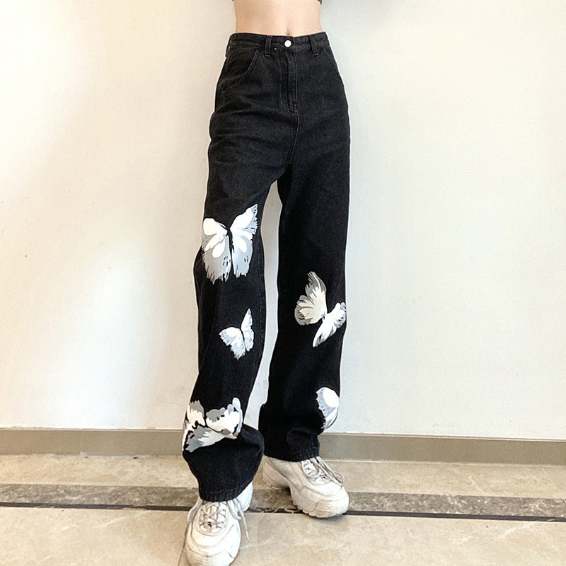 Butterfly Print High Waist Loose Jeans