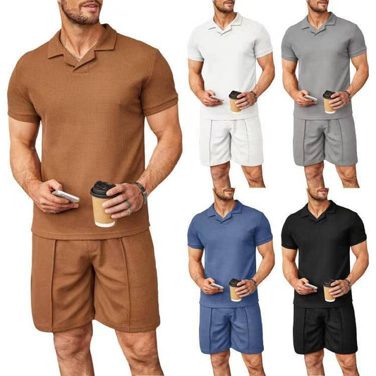 2pcs Suit - Men V Neck Polo Short Sleeve Shirt and Shorts