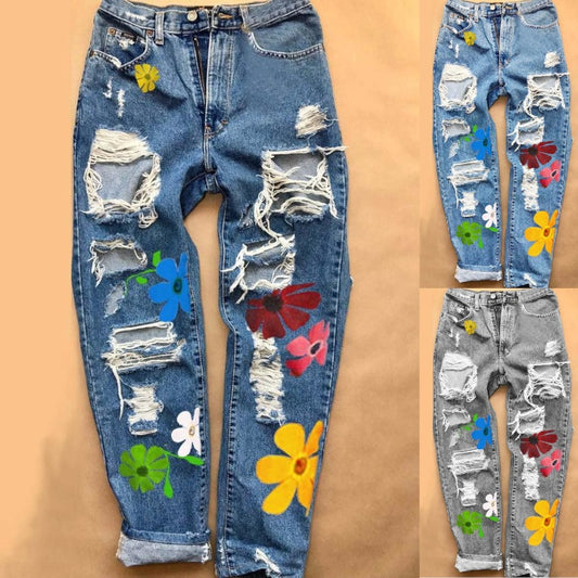 Print Ripped High Waist Jeans