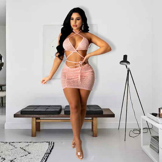 Sexy 2 Piece Rhinestones Sheer Mesh Mini Skirts Outfit