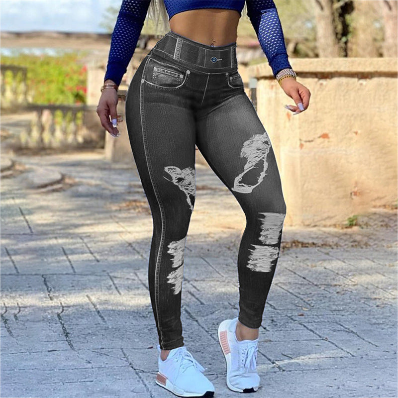 Ladies High Waist High Stretch Faux Denim Leggings