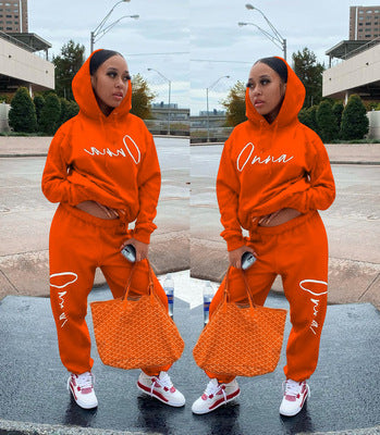 Drawstring Printed Hooded Long Sleeve Two-piece Set