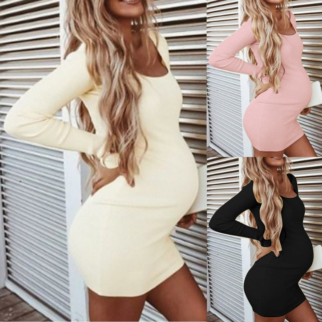 Maternity O-Neck Long Sleeve Solid High Elastic Soft Dress