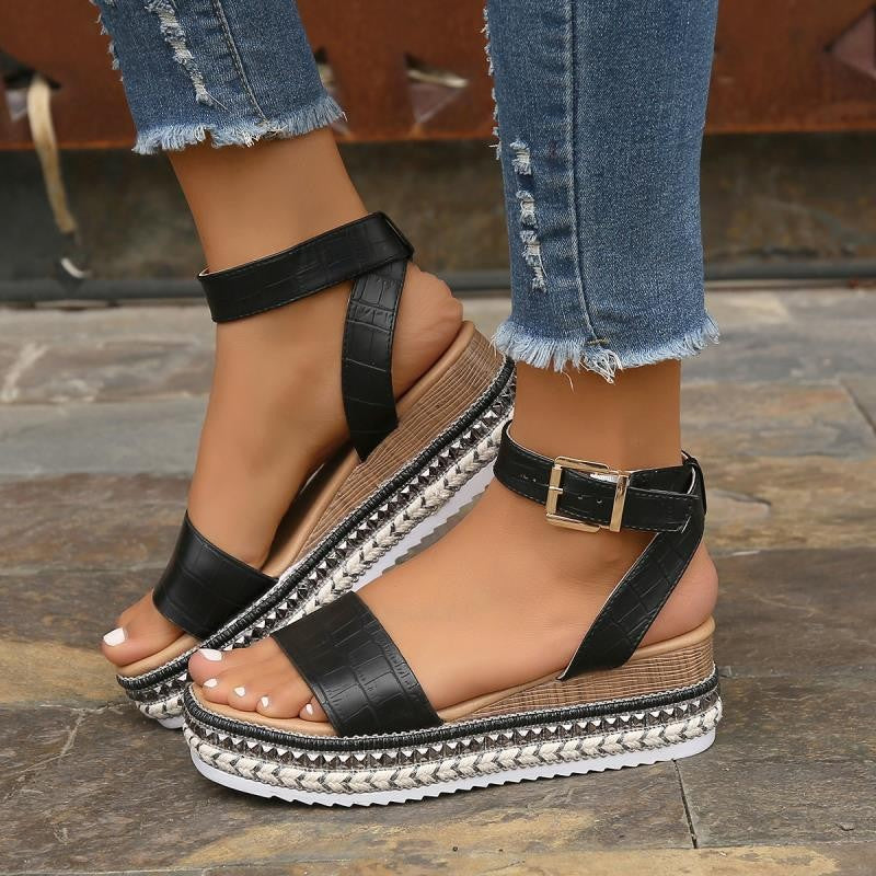 Summer Buckle Strap Hemp Wedge Platform Sandals