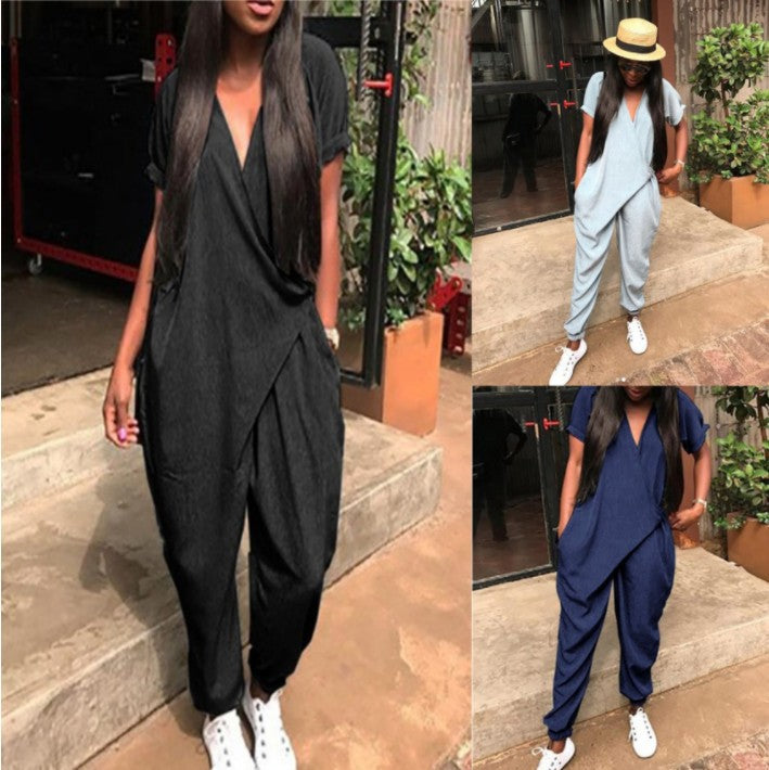 Short Sleeve Deep V Loose Jumpsuit