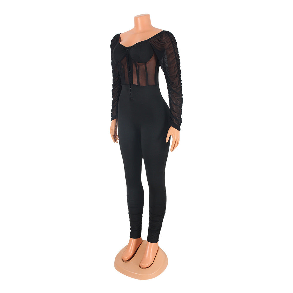 Autumn Sexy Tight Mesh Jumpsuit