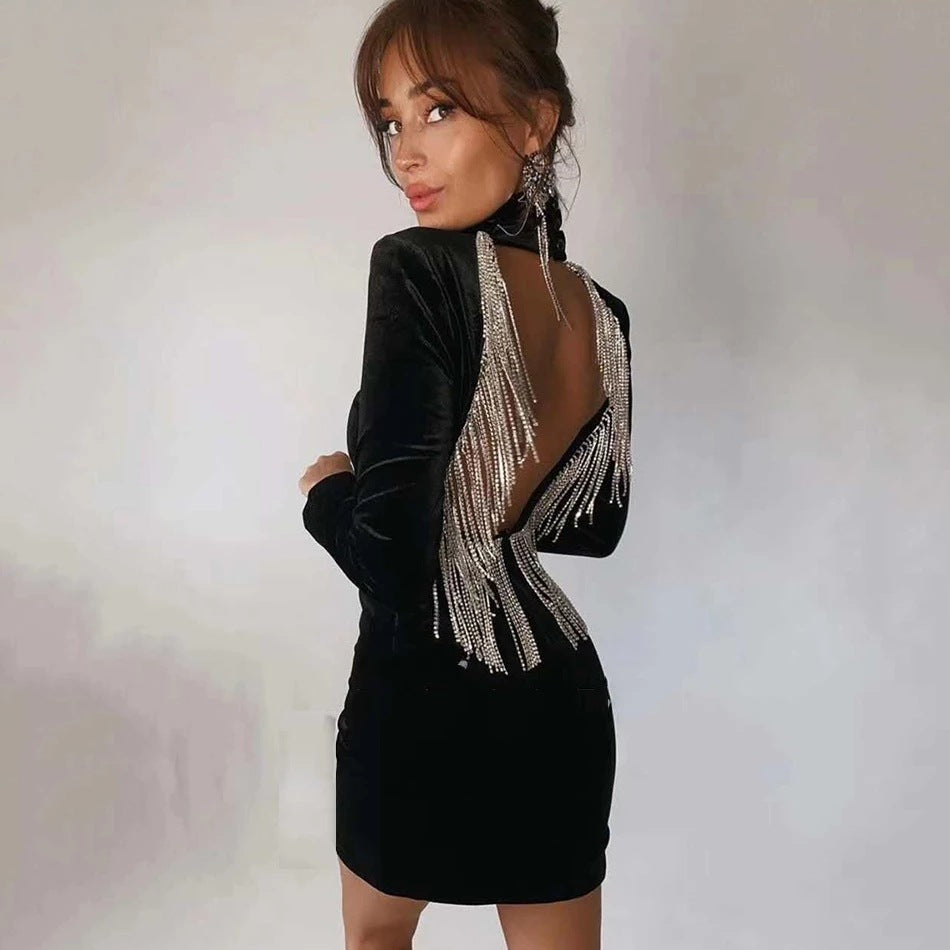 Long Sleeved Backless Tassel Velvet Mini Dress