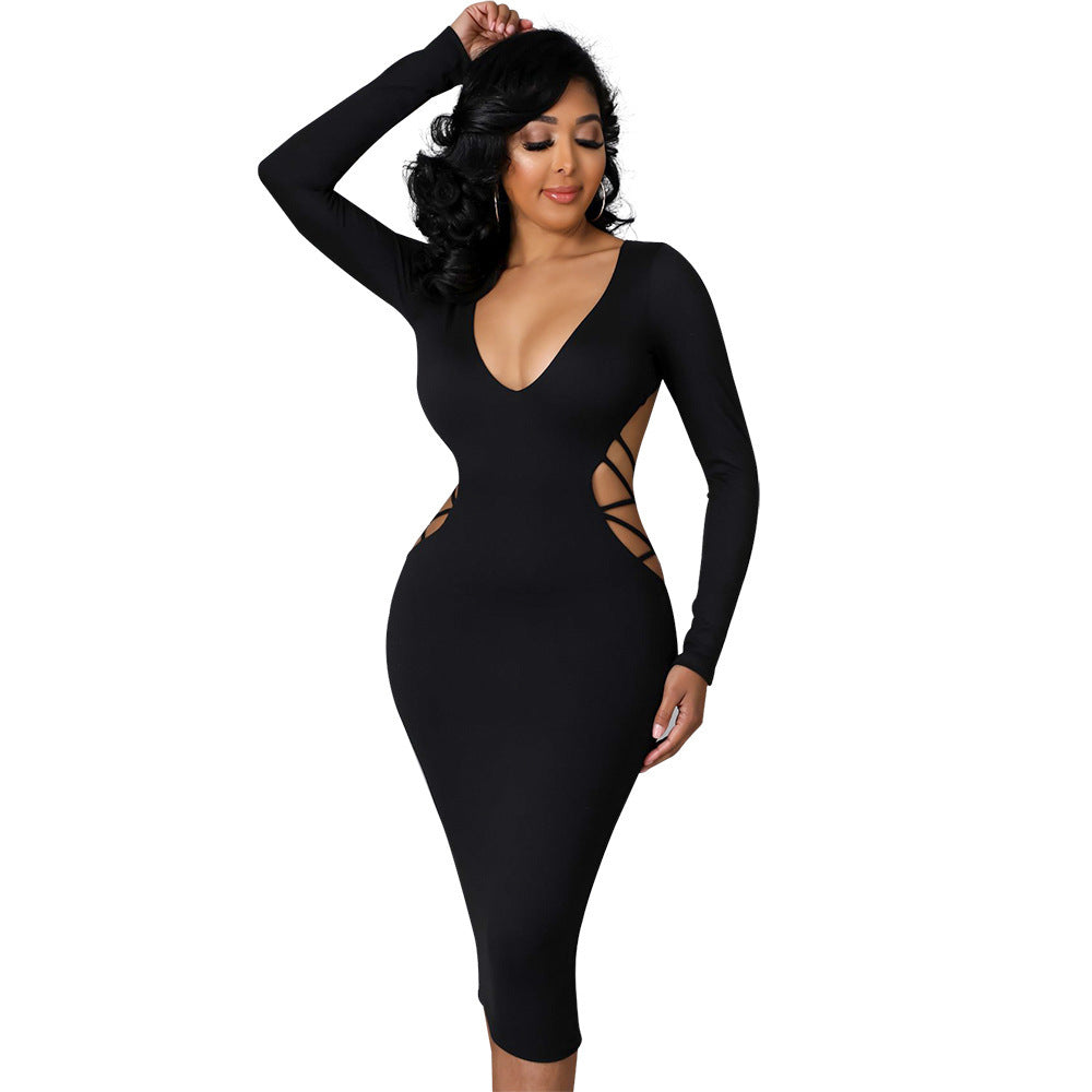 Hollow Out V-neck Dress Women