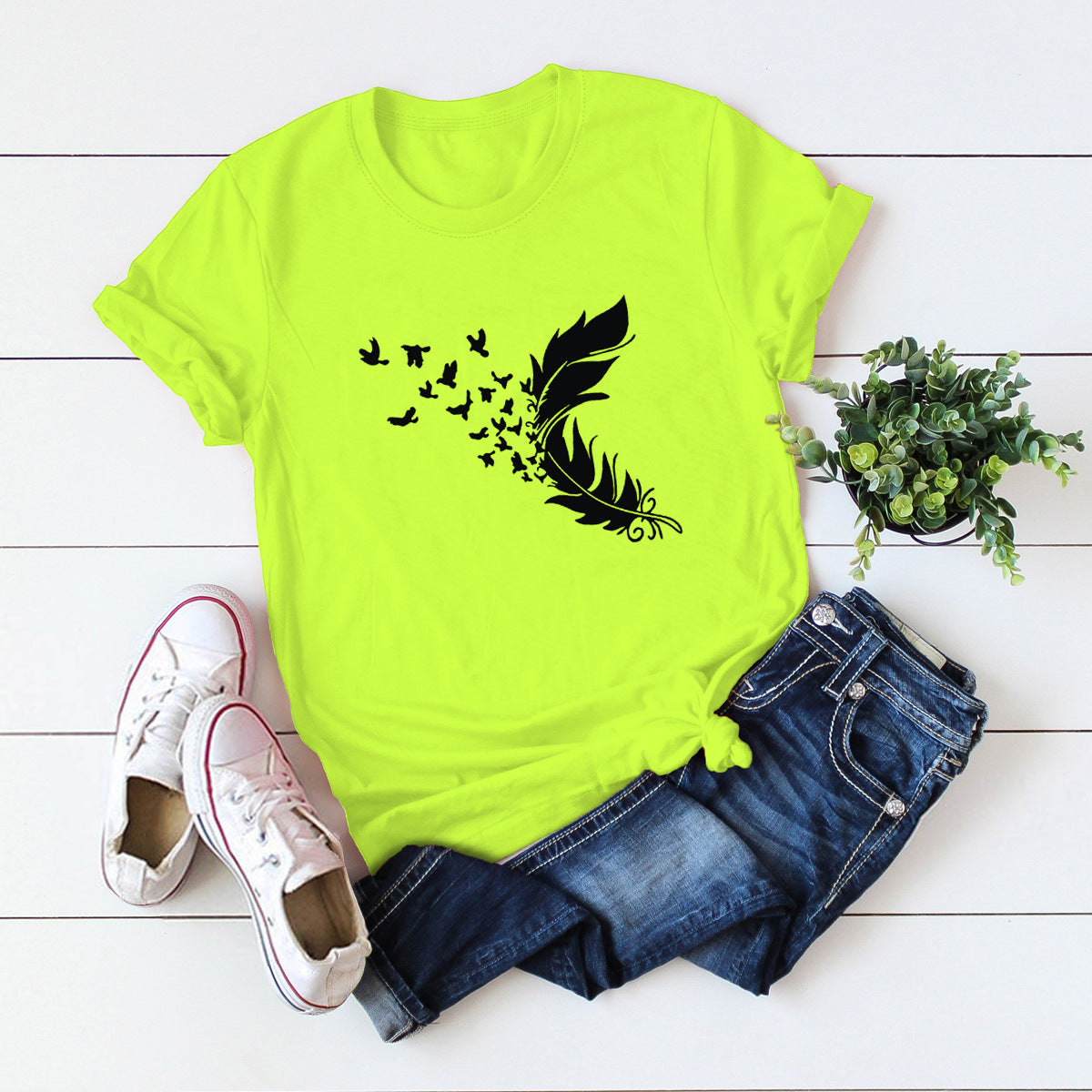 Summer Plus Size Women New Feather Print T-Shirt