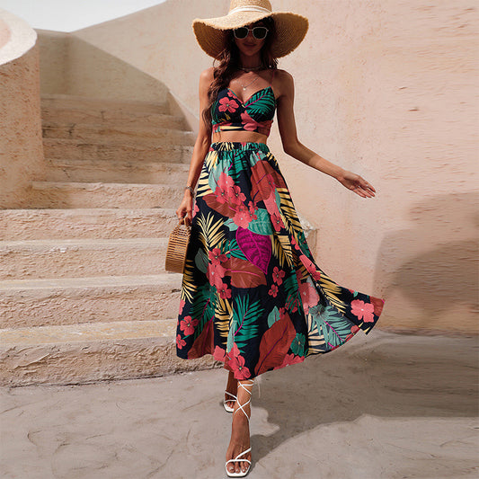 Fashion Floral Print Halter Two Piece Outfit