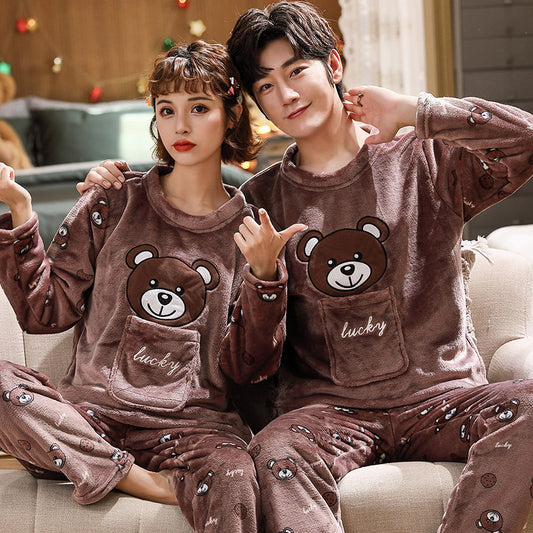 Couples Warm And Velvet Thickened Flannel Home Service Pajamas Set