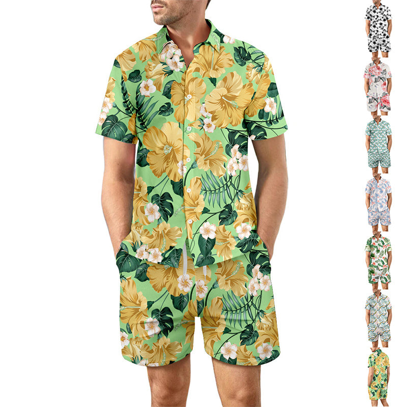 2Pcs Loose Lapel Printed Beach Summer Suit