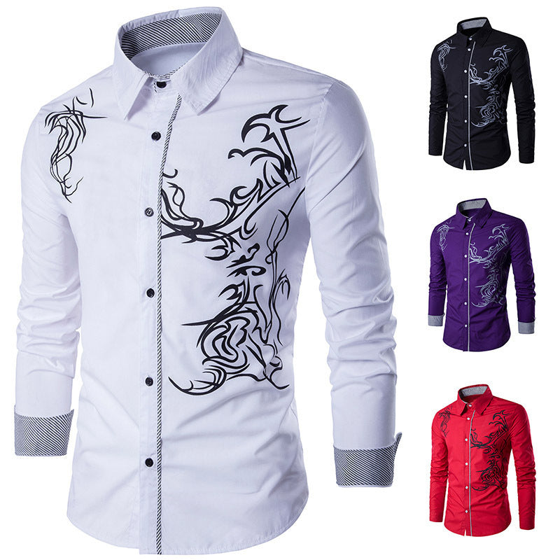 Long-sleeved Dragon Print Long-sleeved Slim Shirt