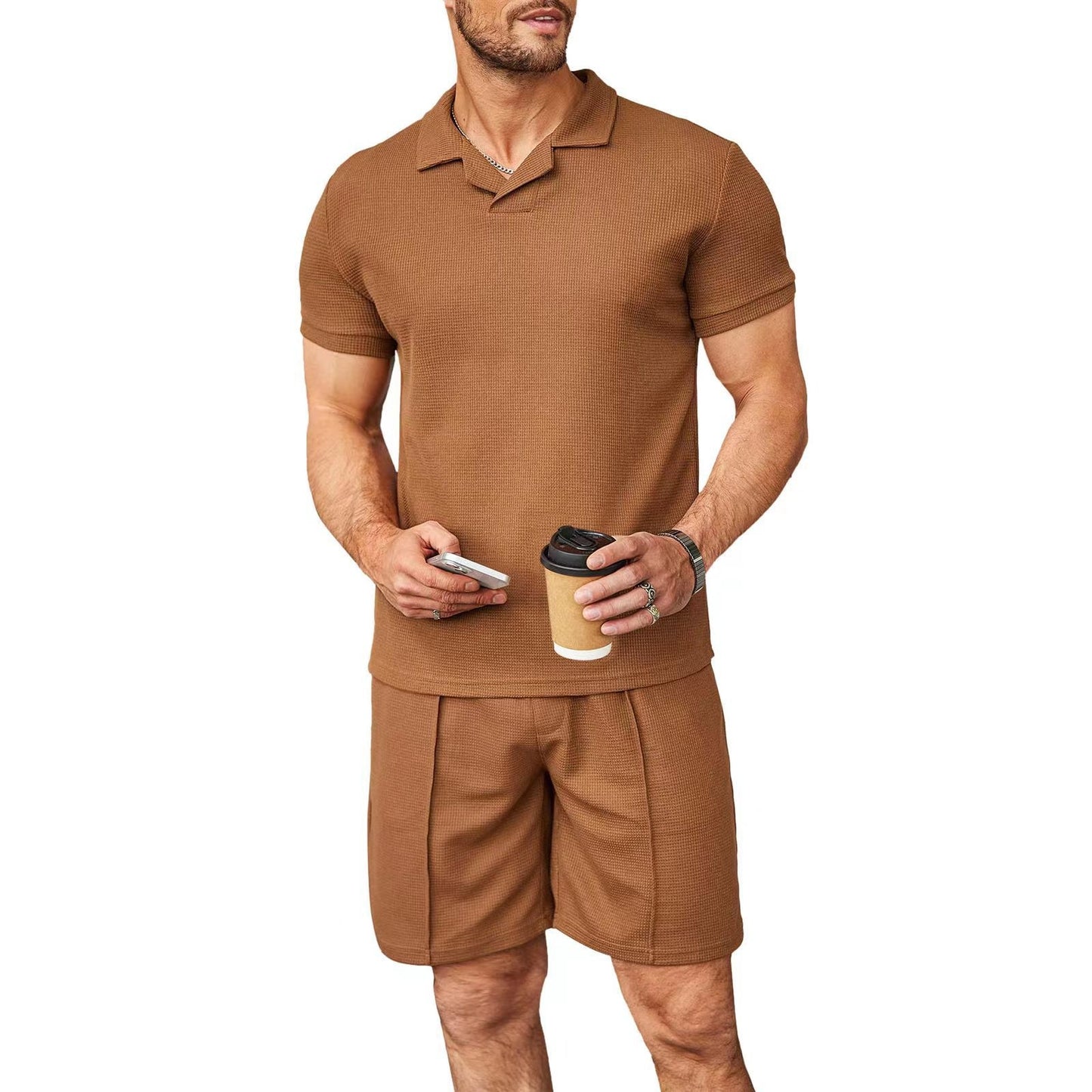 2pcs Suit - Men V Neck Polo Short Sleeve Shirt and Shorts