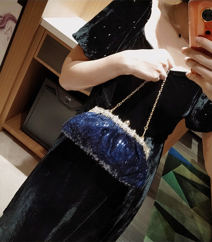 Female Blue Banquet Bag Chain Beads Handbag