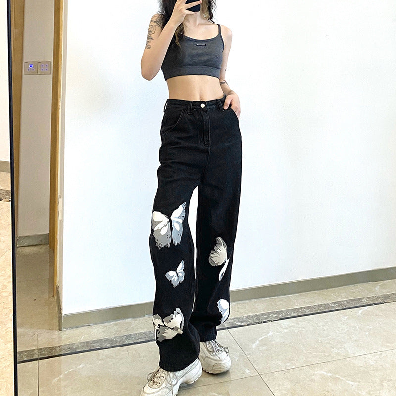 Butterfly Print High Waist Loose Jeans