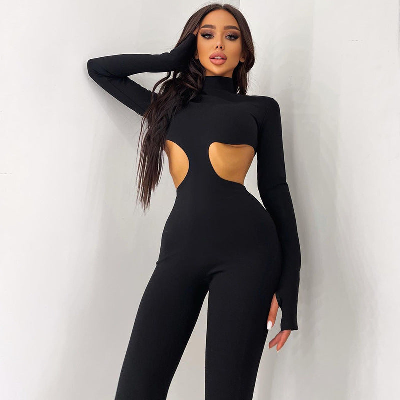 Hollow Long-sleeved High-neck Jumpsuit