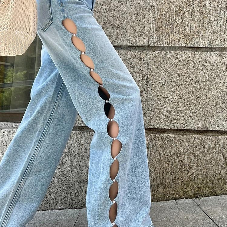 Blue Pearl Hollow Wide-leg Jeans