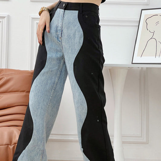 Black And Blue Wavy Splicing Straight Wide Leg Pants