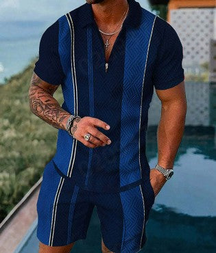 Striped Casual Print Lapel Zipper Two-Piece Suit