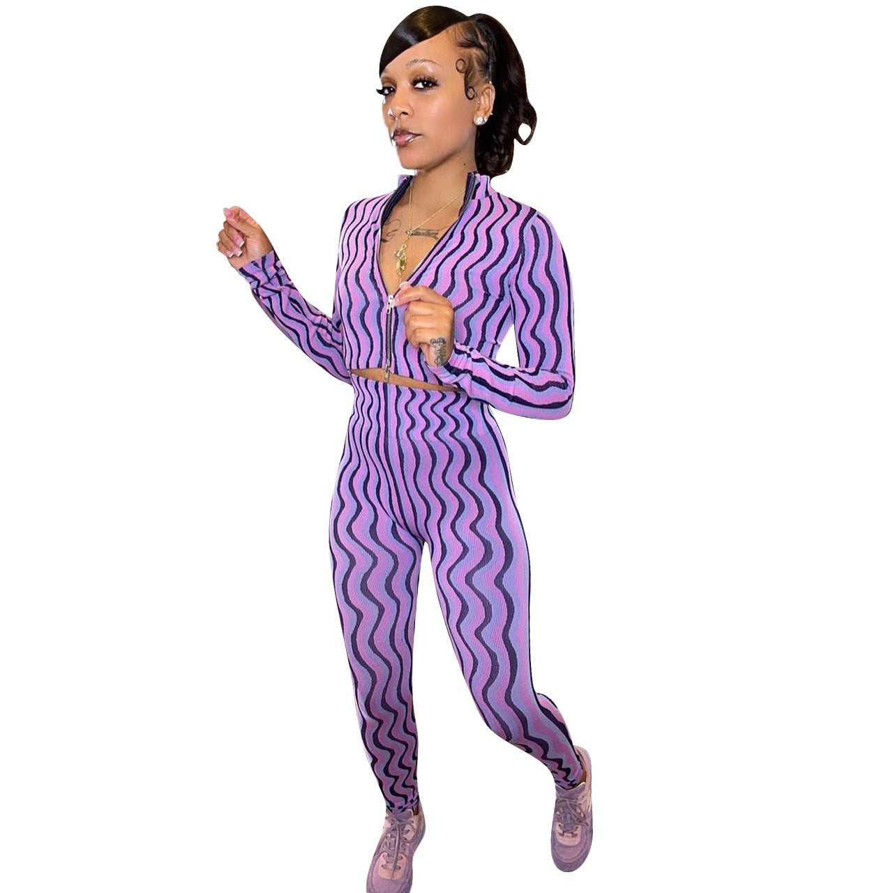 V-neck Long Sleeve Printed Body-hugging Suit