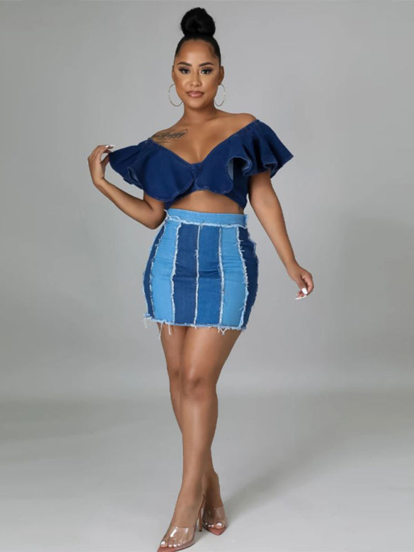 High Waist Patchwork Washed Pleated Denim Skirt