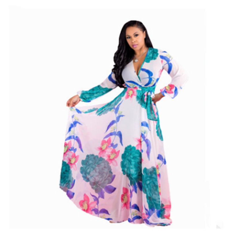 Chiffon Long-Sleeved Digital Print Big Skirt Dress