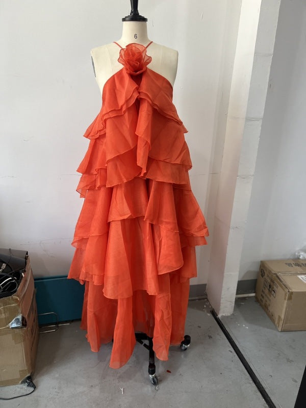 Elegant holiday style halterneck 3D floral suspender dress