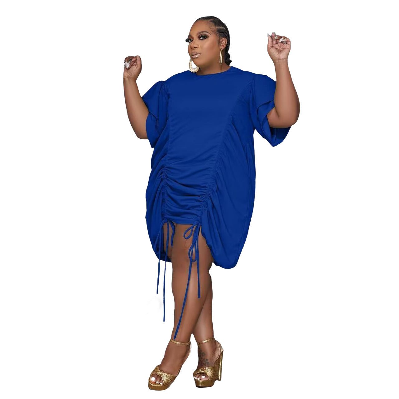 Women's Large Size Fat Woman Double Sleeve Drawstring Dress