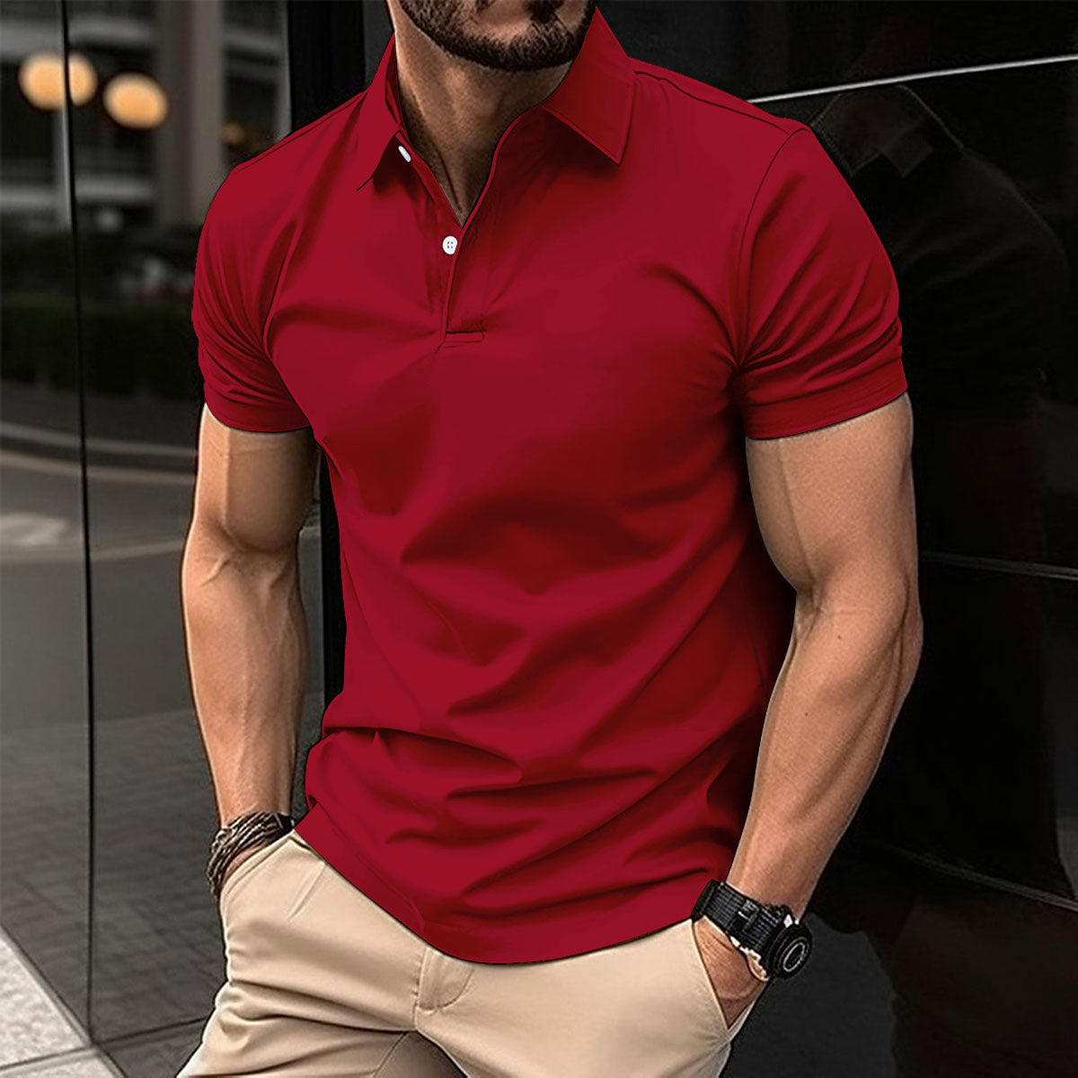 Summer Short Sleeve Solid Color Button Lapel Polo Shirt