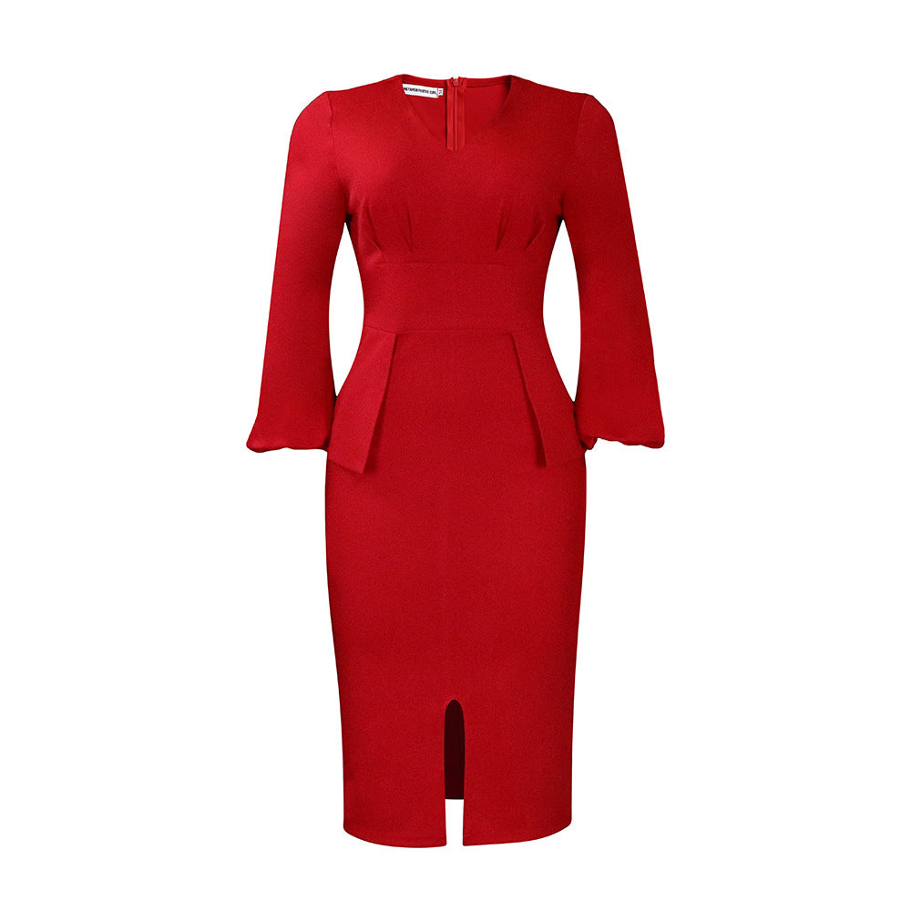 Women's V-neck Puff Sleeve Split Dress