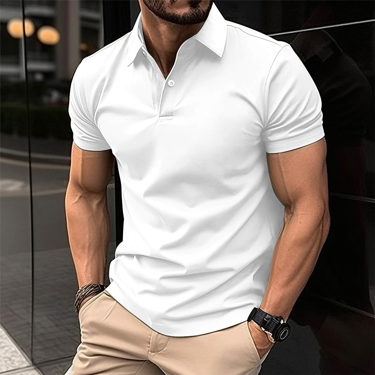 Summer Short Sleeve Solid Color Button Lapel Polo Shirt