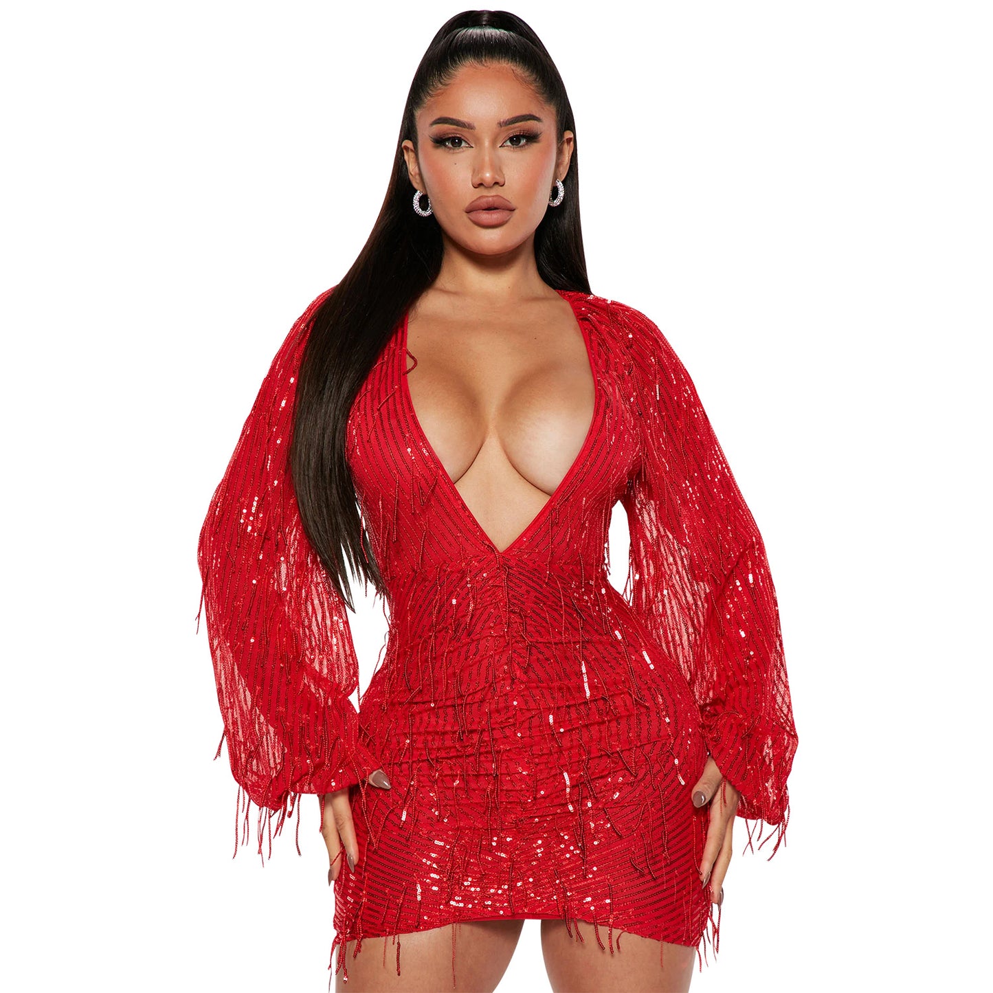 Women's V-neck Sequin Tassel Dress