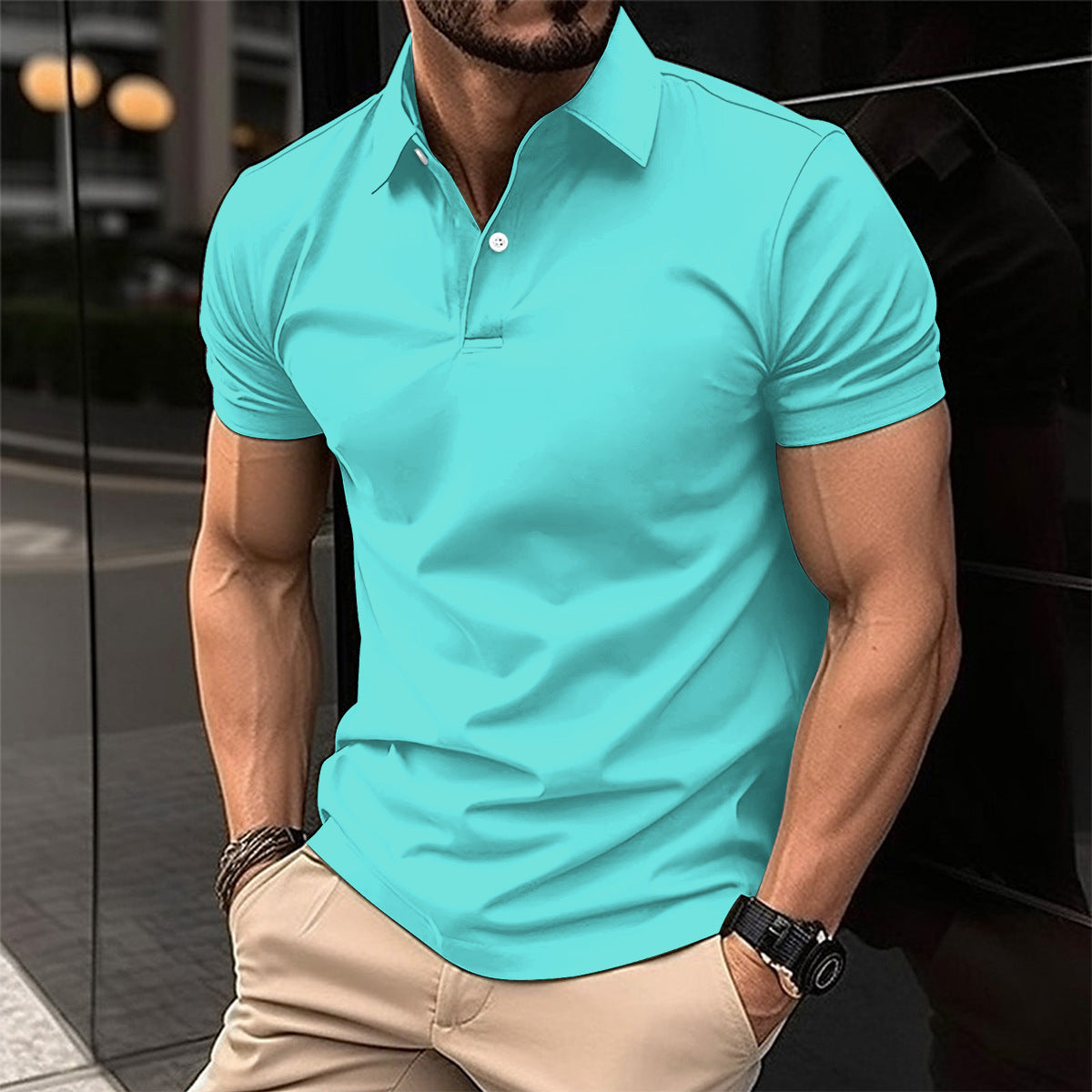 Summer Short Sleeve Solid Color Button Lapel Polo Shirt