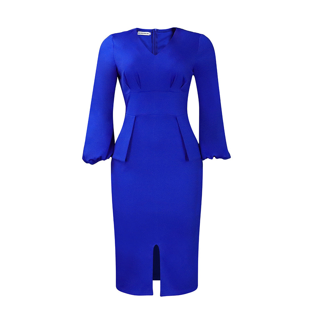 Women's V-neck Puff Sleeve Split Dress