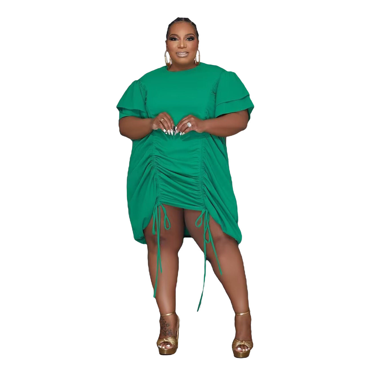 Women's Large Size Fat Woman Double Sleeve Drawstring Dress