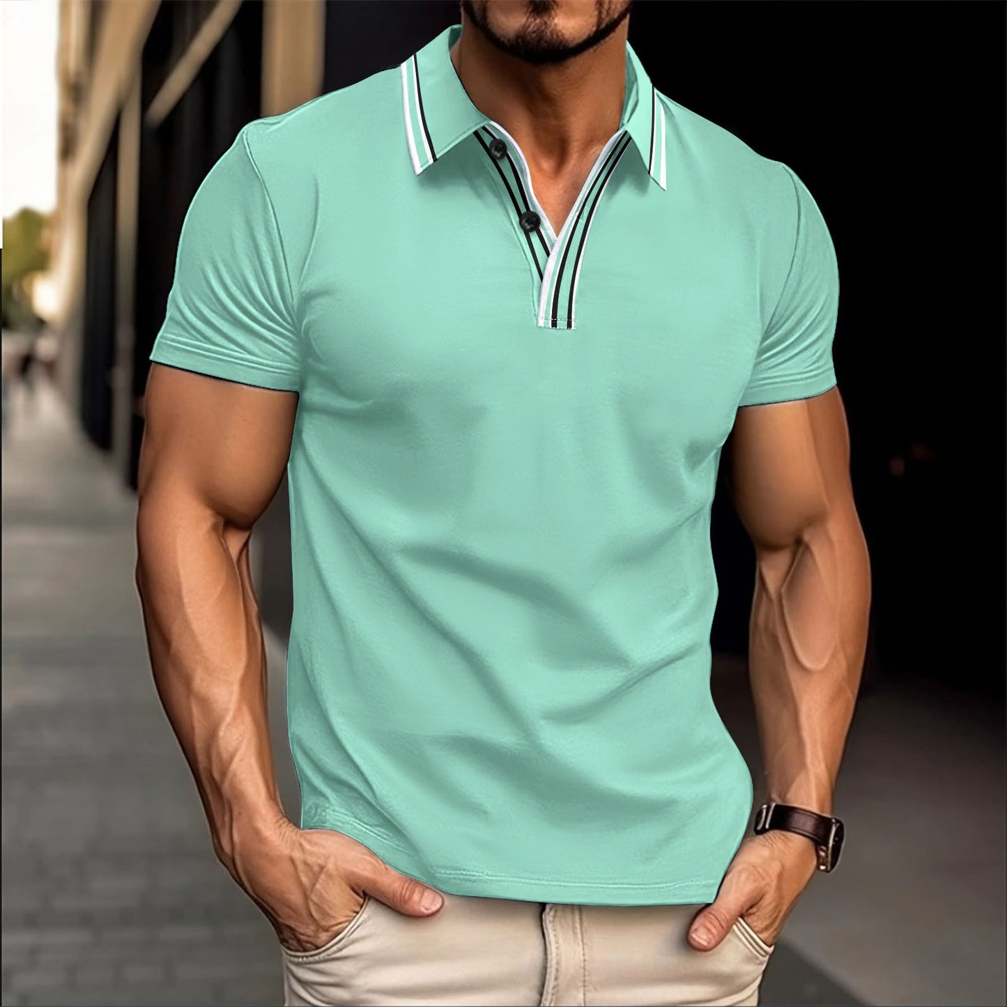 Striped Casual Polo Collar ButtonPolo Shirt Short Sleeve