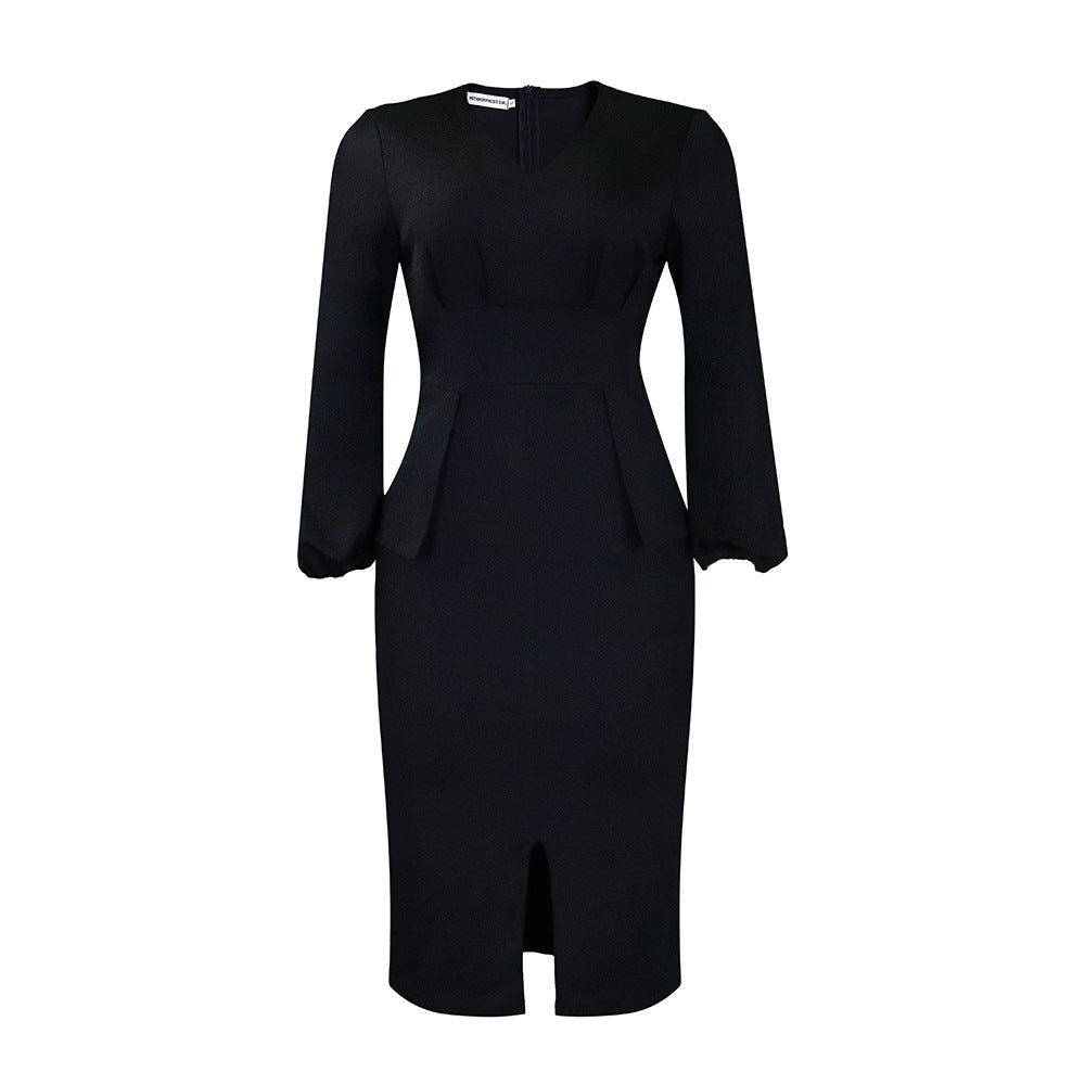 Women's V-neck Puff Sleeve Split Dress